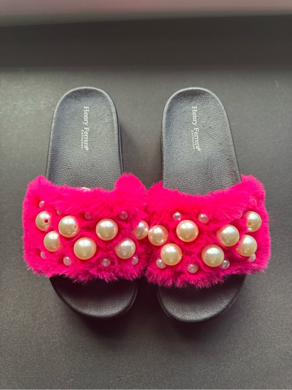 Henry Ferrera Pink Faux Fur Pearl Slide Sandals